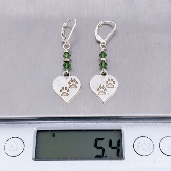 Vintage SJC Sterling Silver 925 Green Crystal Heart Paw Print Earrings - Picture 5 of 5